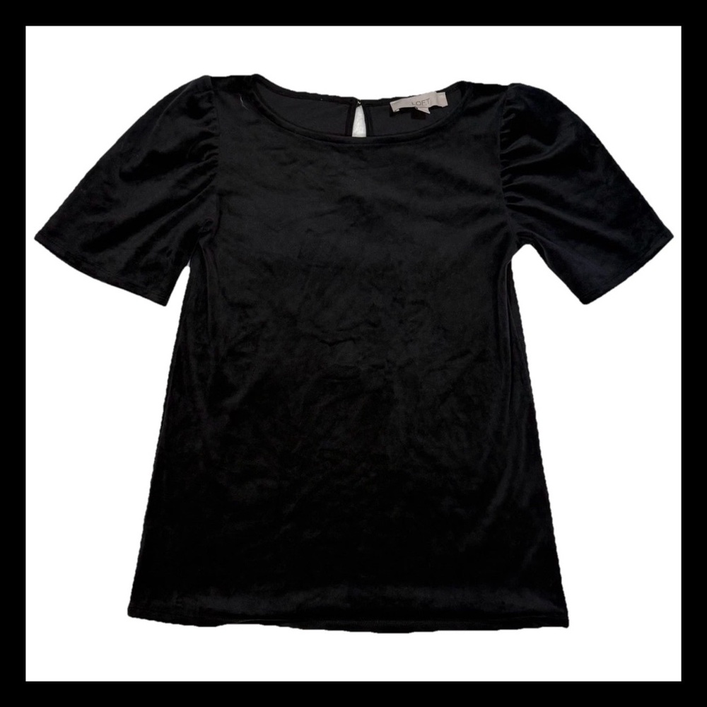 LOFT Black Velvet Puff Sleeve Top Blouse Keyhole Back Gold Button XXS